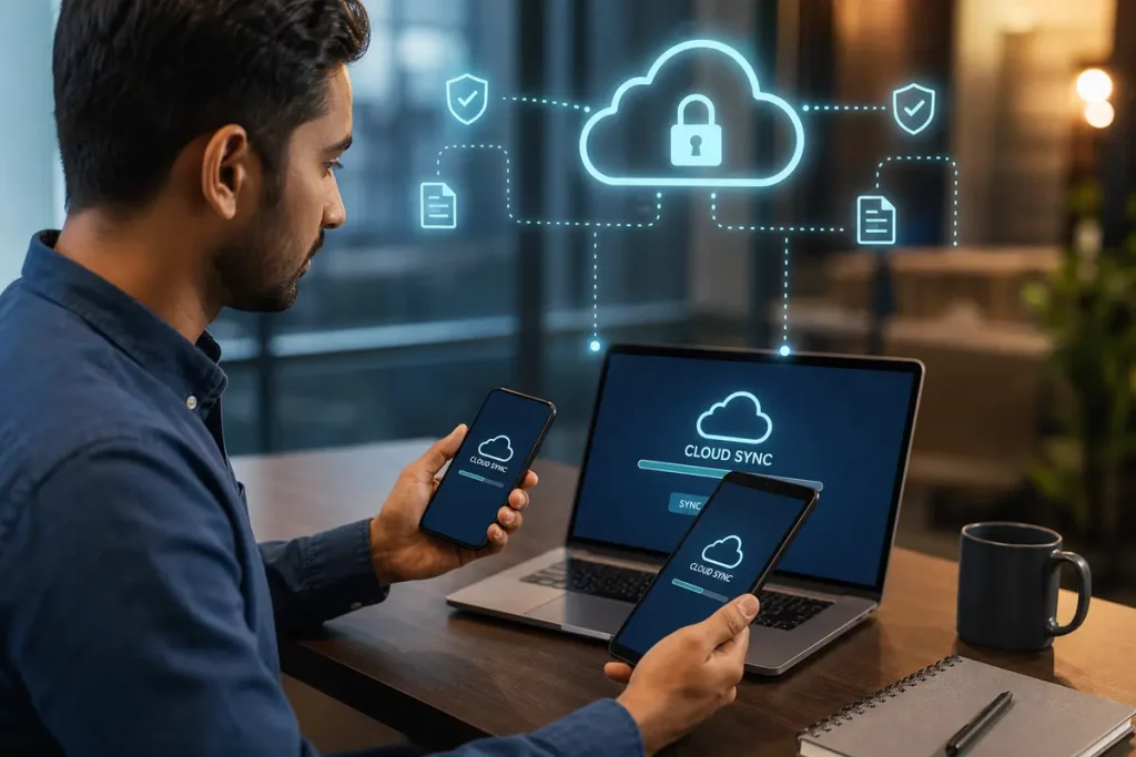 Postazione di lavoro tecnologica con dispositivi mobili sincronizzati al cloud e simboli di sicurezza digitale