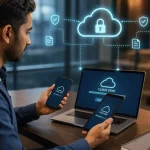 Postazione di lavoro tecnologica con dispositivi mobili sincronizzati al cloud e simboli di sicurezza digitale
