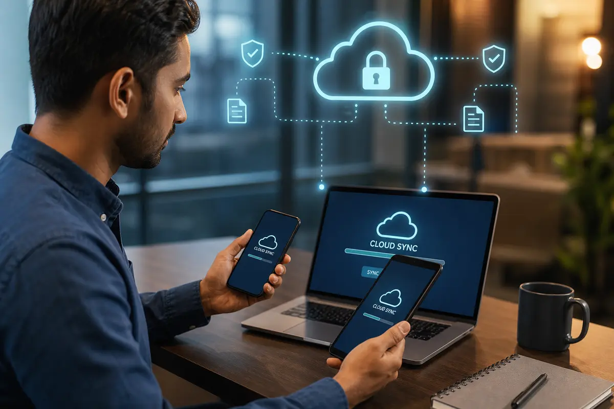 Postazione di lavoro tecnologica con dispositivi mobili sincronizzati al cloud e simboli di sicurezza digitale