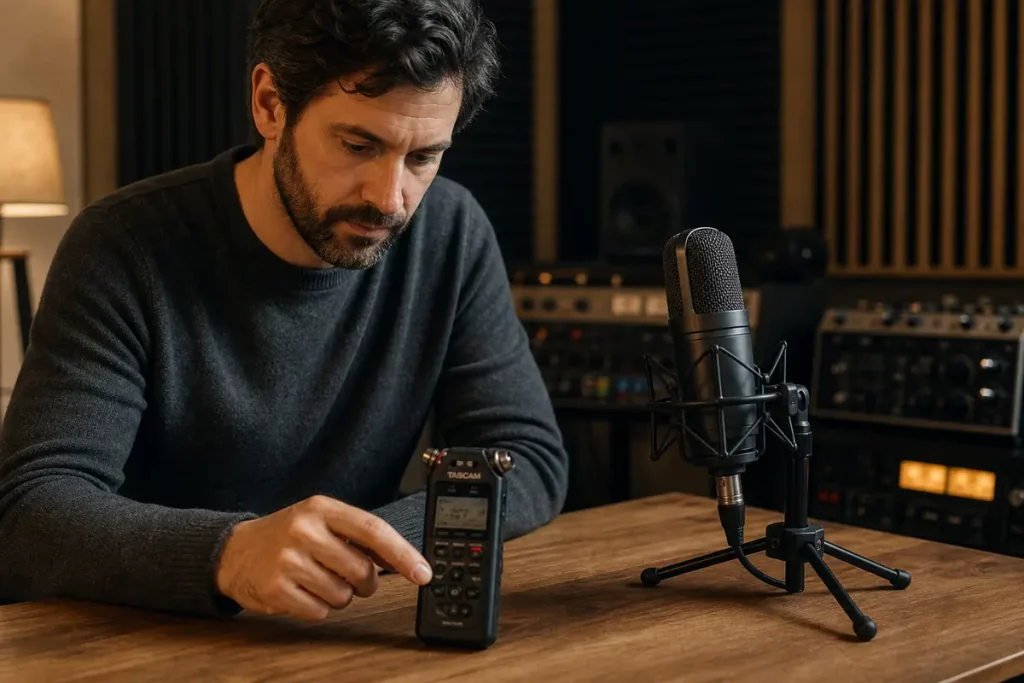Mini registratore vocale e microfono professionale su un tavolo in studio di registrazione con apparecchiature audio e pannelli fonoassorbenti sullo sfondo.