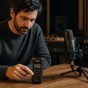 Mini registratore vocale e microfono professionale su un tavolo in studio di registrazione con apparecchiature audio e pannelli fonoassorbenti sullo sfondo.
