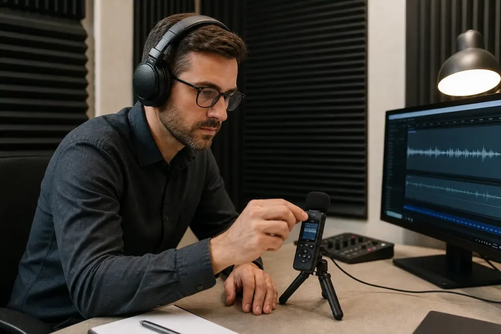 Mini registratore vocale professionale posizionato su una scrivania con pannelli acustici e persona che regola il microfono indossando cuffie