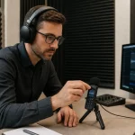 Mini registratore vocale professionale posizionato su una scrivania con pannelli acustici e persona che regola il microfono indossando cuffie