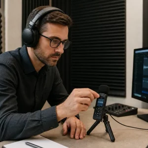 Mini registratore vocale professionale posizionato su una scrivania con pannelli acustici e persona che regola il microfono indossando cuffie