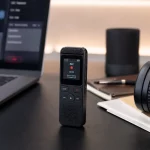 Mini registratore vocale digitale su scrivania con cuffie e laptop in ambiente moderno