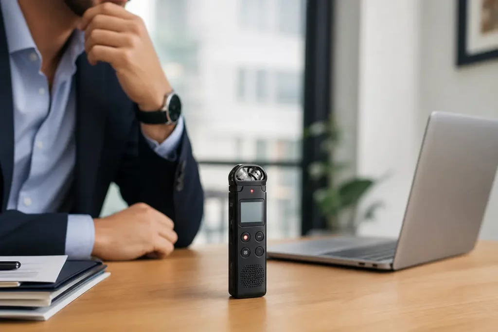Mini registratore vocale moderno con microfono su scrivania in ambiente d'ufficio
