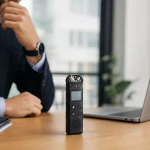 Mini registratore vocale moderno con microfono su scrivania in ambiente d'ufficio