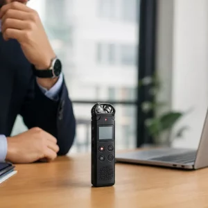 Mini registratore vocale moderno con microfono su scrivania in ambiente d'ufficio
