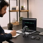 Microregistratore digitale, cuffie e laptop con software audio su una scrivania moderna e ordinata