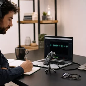 Microregistratore digitale, cuffie e laptop con software audio su una scrivania moderna e ordinata
