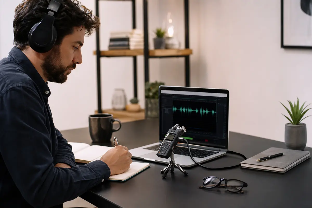 Microregistratore digitale, cuffie e laptop con software audio su una scrivania moderna e ordinata