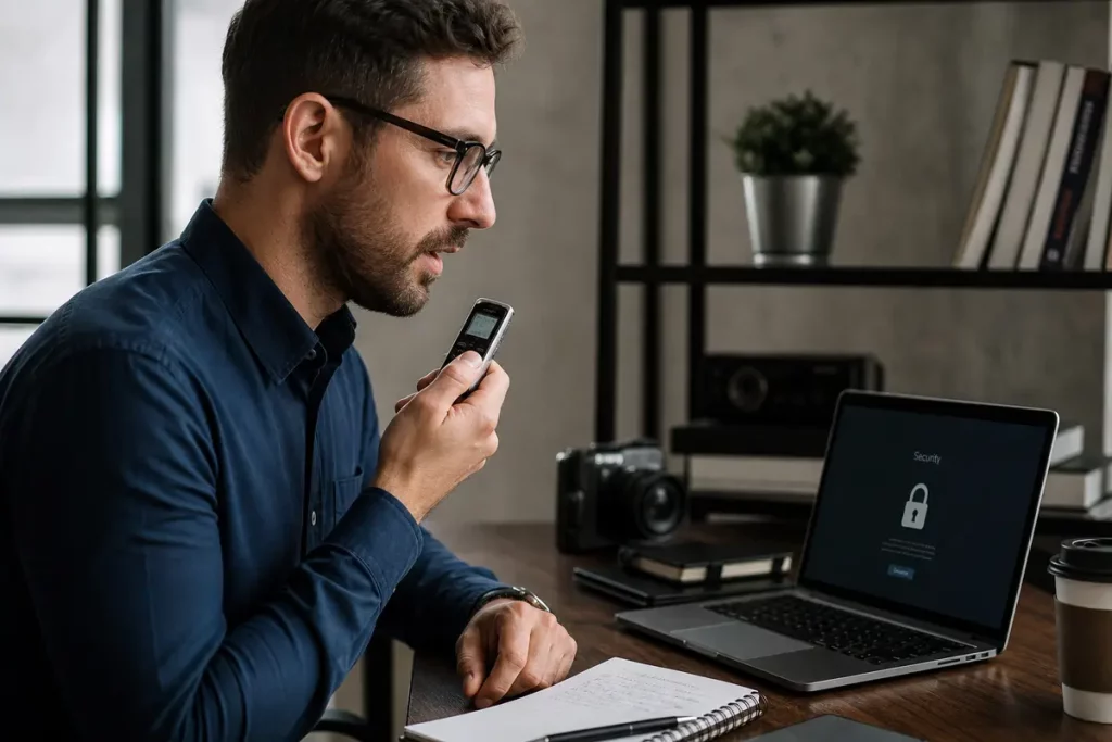 Registratore vocale compatto su una scrivania professionale con ambientazione tecnologica e apparecchiature di sicurezza
