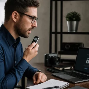 Registratore vocale compatto su una scrivania professionale con ambientazione tecnologica e apparecchiature di sicurezza