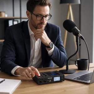 registratore vocale professionale con microfono regolabile su scrivania in ambiente ufficio