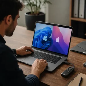 Laptop con Windows e macOS connesso a un mini registratore vocale tramite porta USB su una scrivania professionale