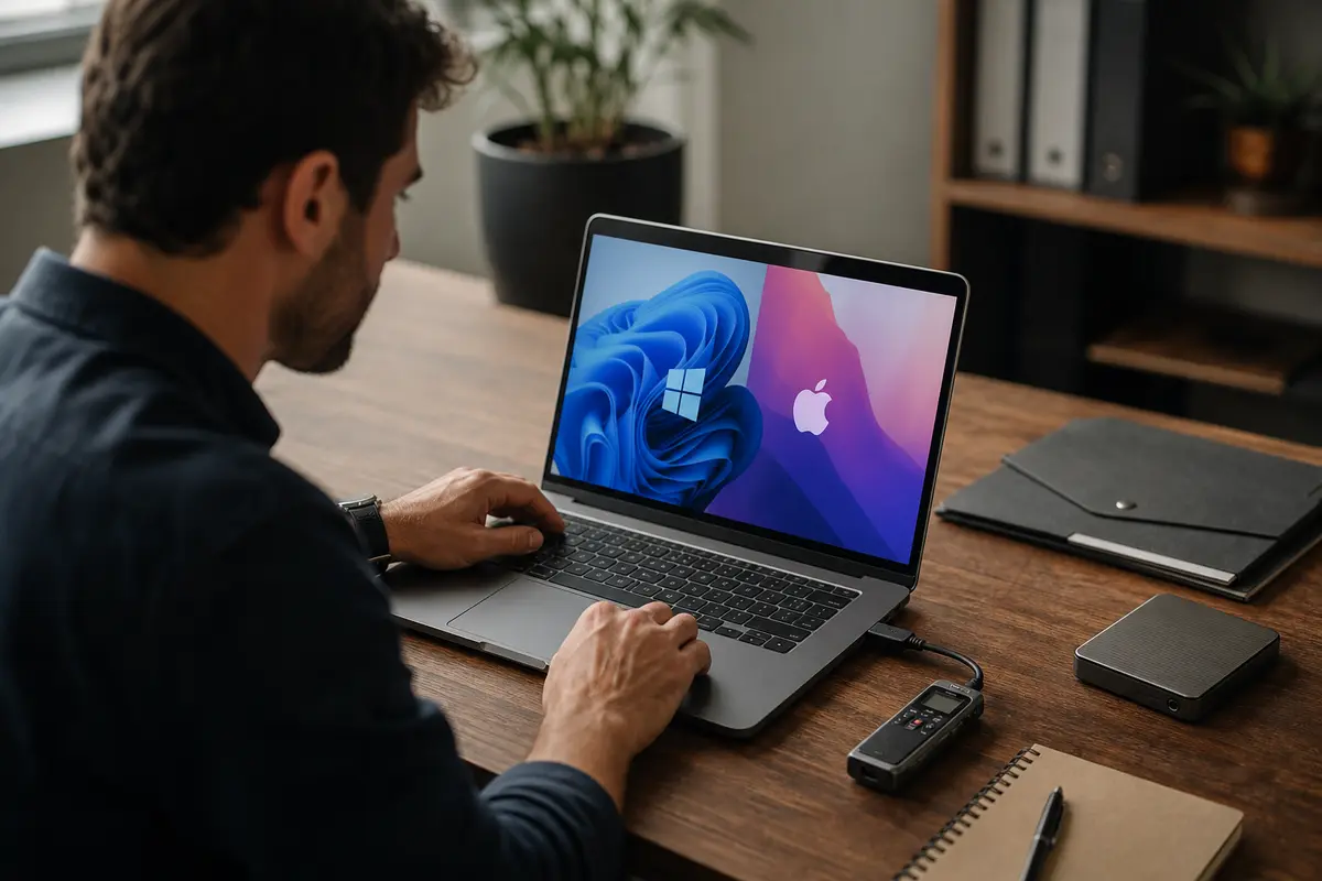Laptop con Windows e macOS connesso a un mini registratore vocale tramite porta USB su una scrivania professionale