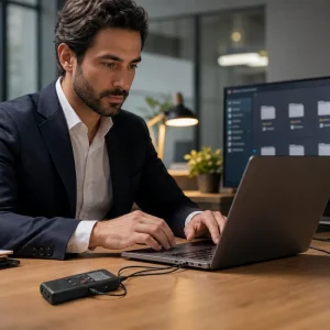 Professionista che organizza registrazioni audio digitali in un ambiente di lavoro tecnologico e sicuro