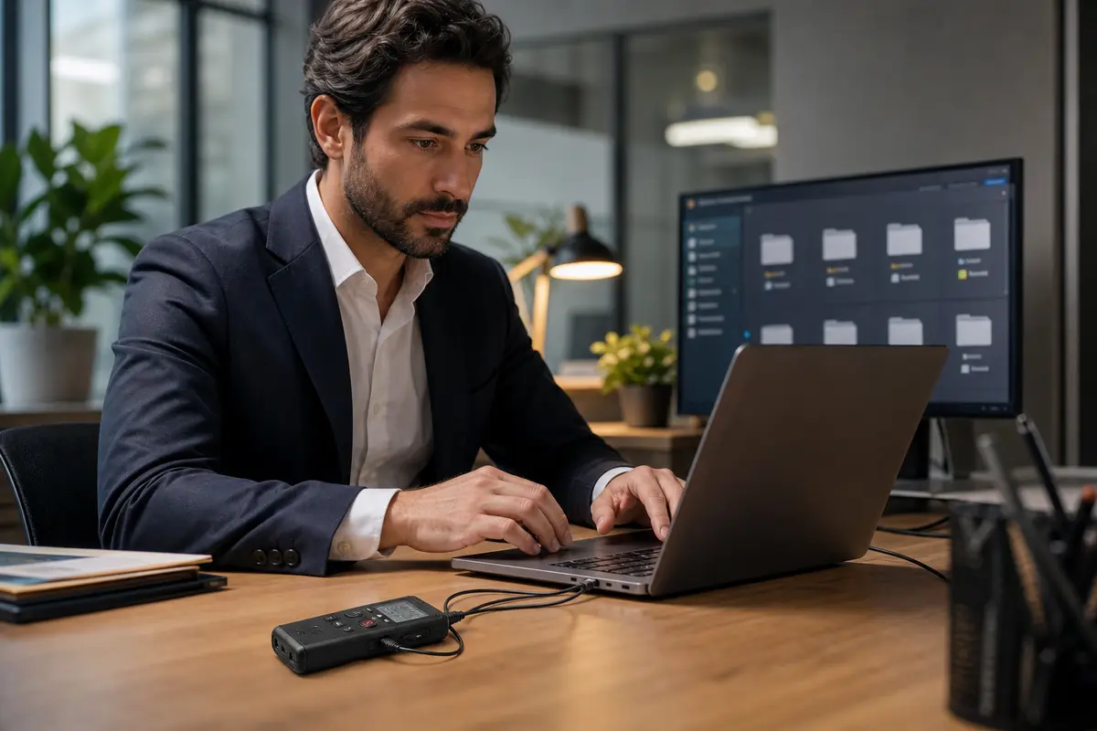 Professionista che organizza registrazioni audio digitali in un ambiente di lavoro tecnologico e sicuro