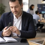 Mini registratore vocale su scrivania d'ufficio con persone in riunione sullo sfondo sfocato